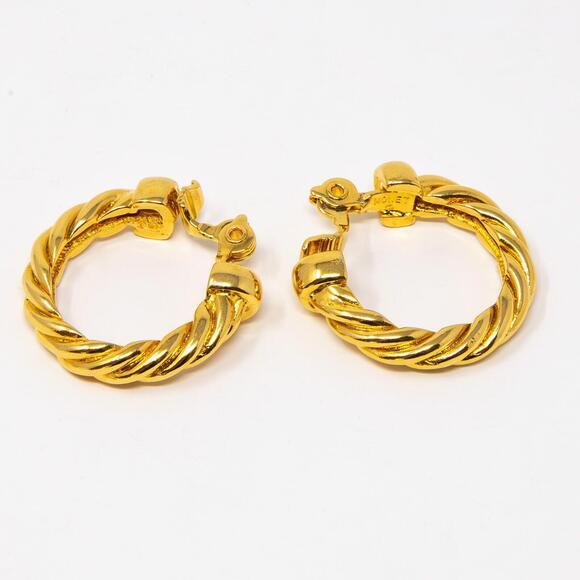 Vintage Monet Hoop Earrings Clip On Gold Tone Dangle Rope Twist Texture Braid 1" - Picture 5 of 7